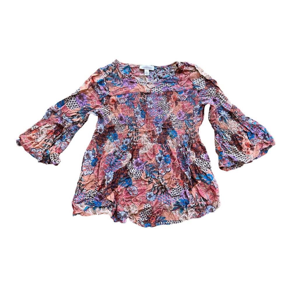 Vintage X America Floral Patchwork Smocked Bell Sleeve‎ Top Multi Color Medium
